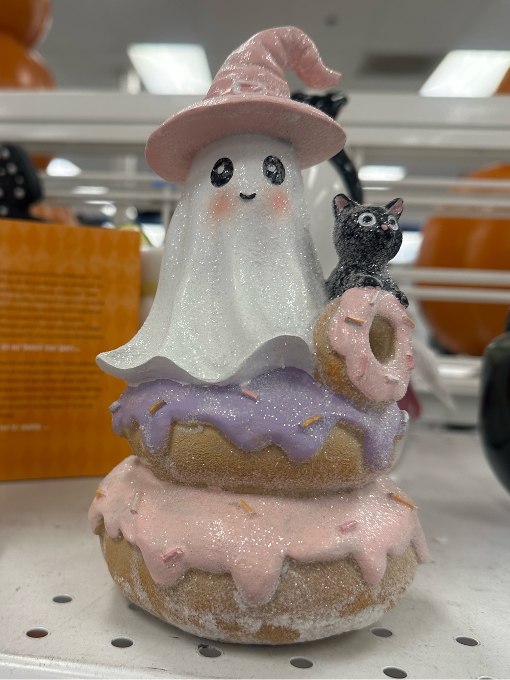 Pastel Halloween Ghost Witch Donut Figurine with Black Cat Pink & Purple Decor - Picture 2 of 2